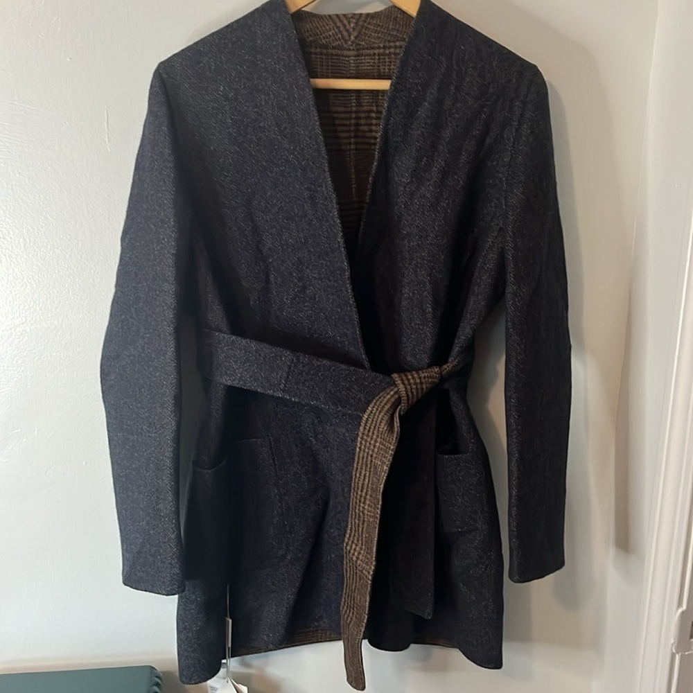 Max Mara Cucito A Mano NWT Midnight Blue Brown Chevron Galles Robe‎ Jacket Sz 12